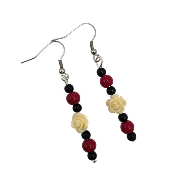 Handmade Cream Carved Rose, Black Amethyst & Red Coral Dangle Earrings 2.5" - Picture 3 of 9